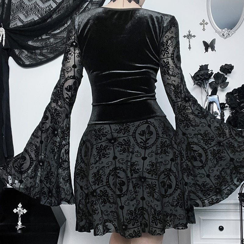 Kobine Women's Gothic Lace-up Velvet Splice  Long Sleeved Dress