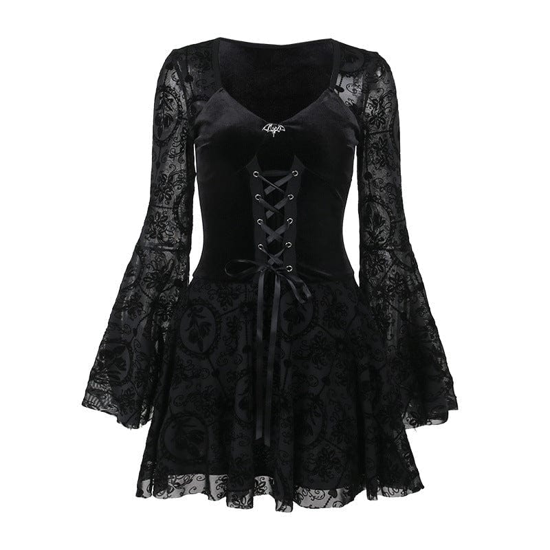 Kobine Women's Gothic Lace-up Velvet Splice  Long Sleeved Dress