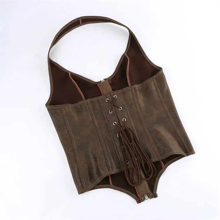 Kobine Women's Gothic Lace-up Zip Halterneck Overbust Corset