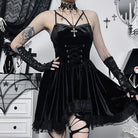 Kobine Damen Gothic-Schnürkleid aus Samt mit Spitzenbesatz