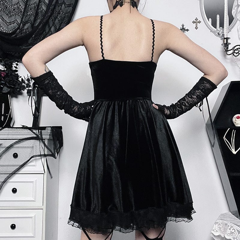 Kobine Women's Gothic Lacing-up Lace-trimmed Velvet Short Dress