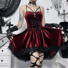 Kobine Damen Gothic-Schnürkleid aus Samt mit Spitzenbesatz