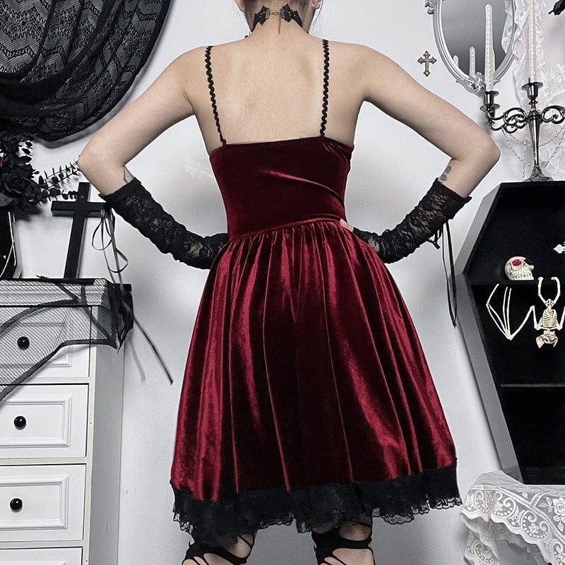 Kobine Women's Gothic Lacing-up Lace-trimmed Velvet Short Dress