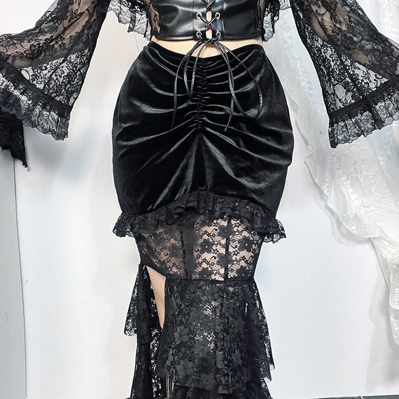 Kobine Women's Gothic Layered Lace Splice Velvet Fishtail Skirt