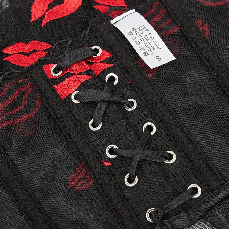 Corsetto overbust in rete con stampa labbra gotica da donna Kobine