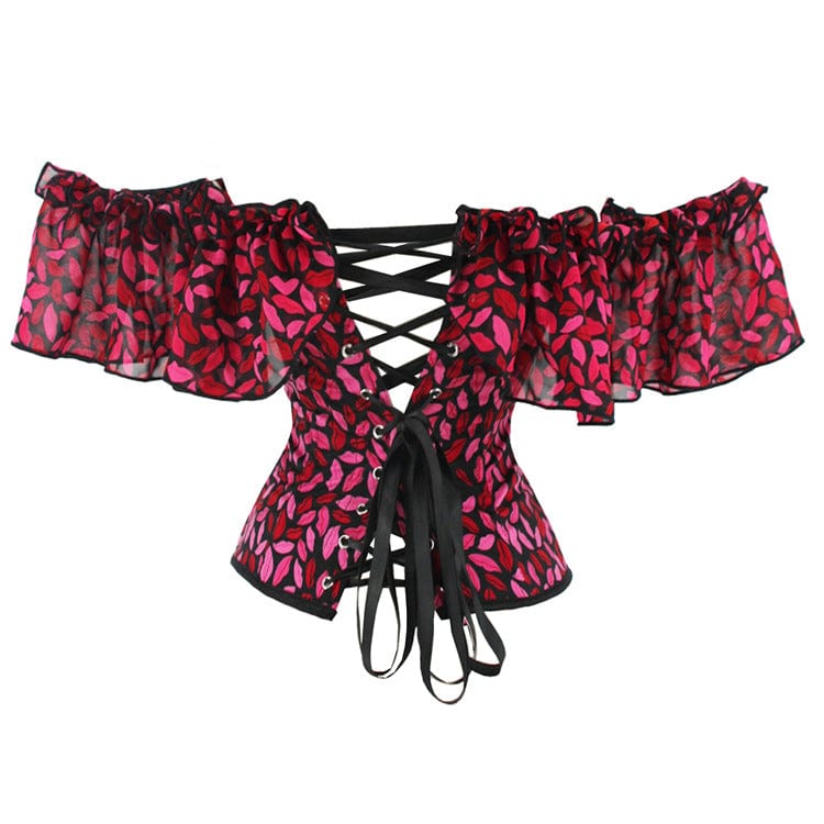 Kobine Damen-Überbrustkorsett mit Gothic-Lippendruck und Rüschen
