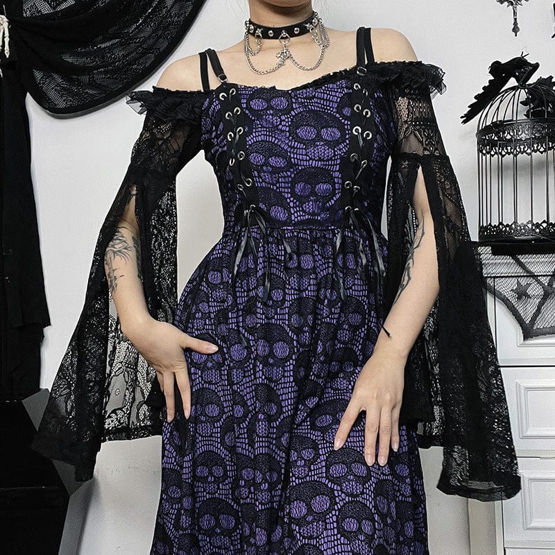 Kobine Women's Gothic Mesh Skull Lace-up Slip Dress