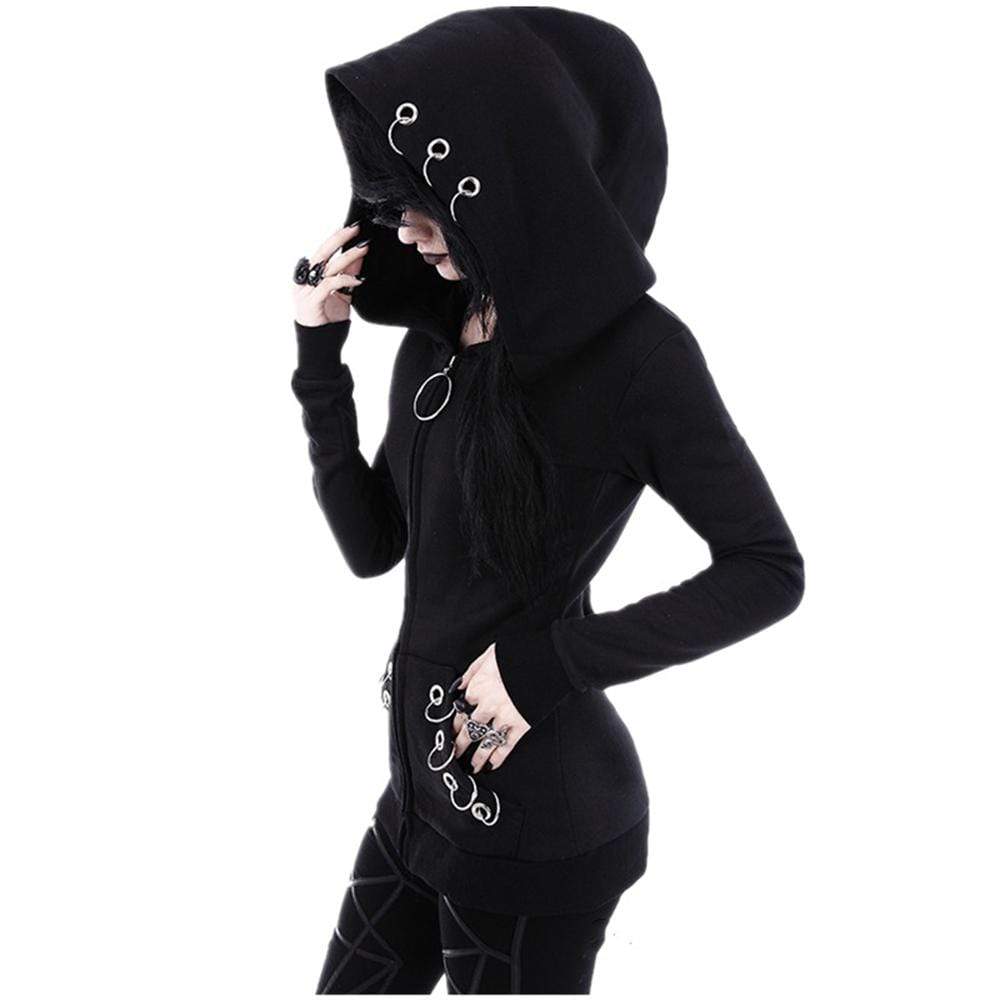 Kobine Women's Gothic Metal Rings Zipper Hooded Jackets