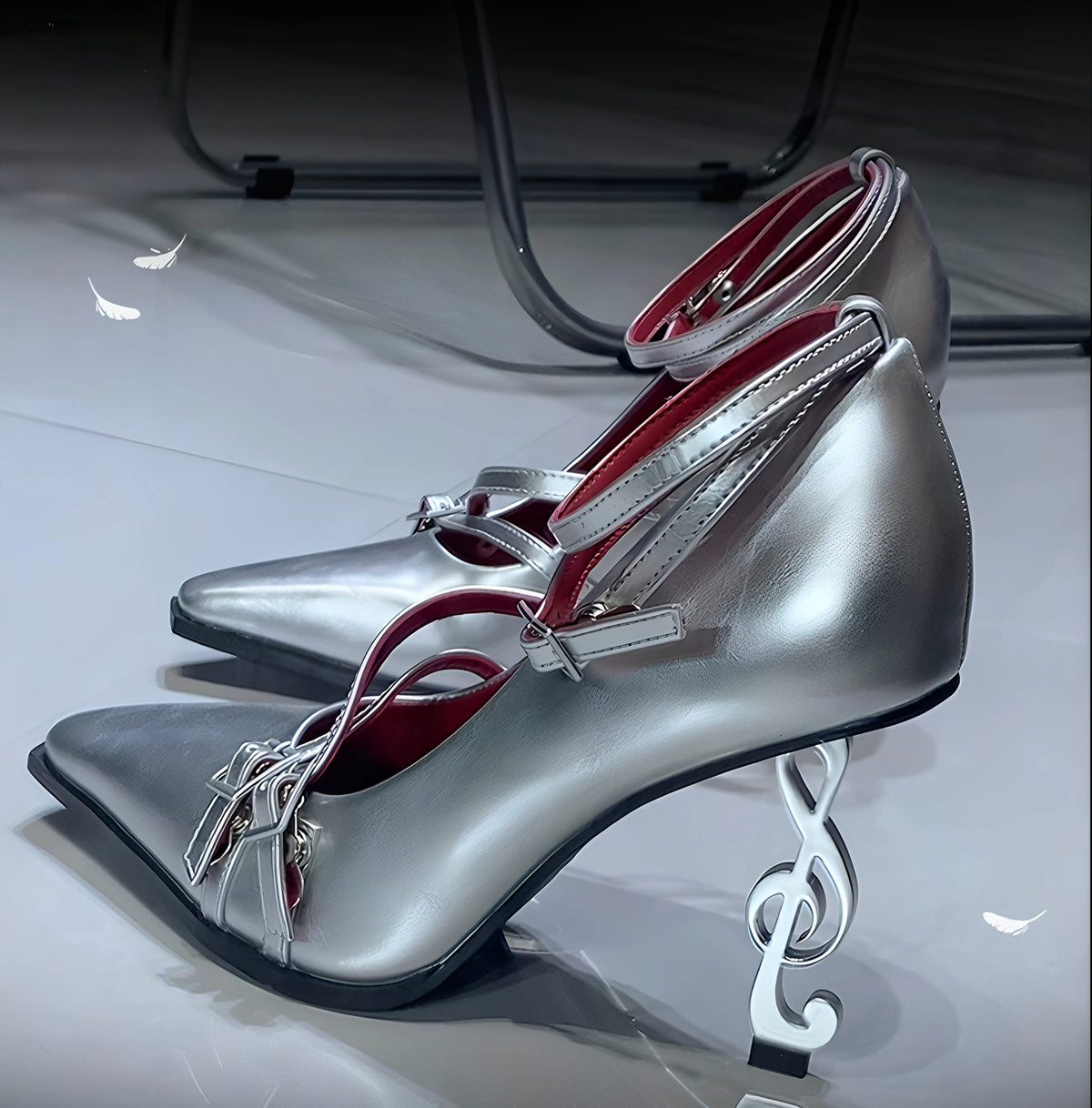 Kobine Women's Gothic Multi Buckle Ankle Strap Treble Clef Heel Stilettos