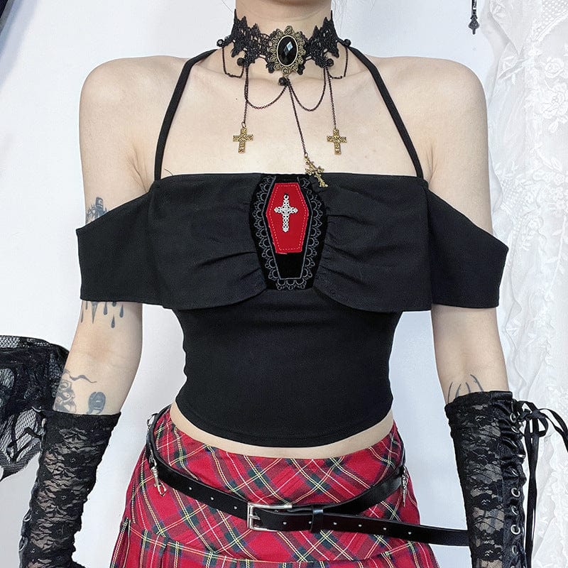 Kobine Women's Gothic Off-shoulder Cross Crop Top