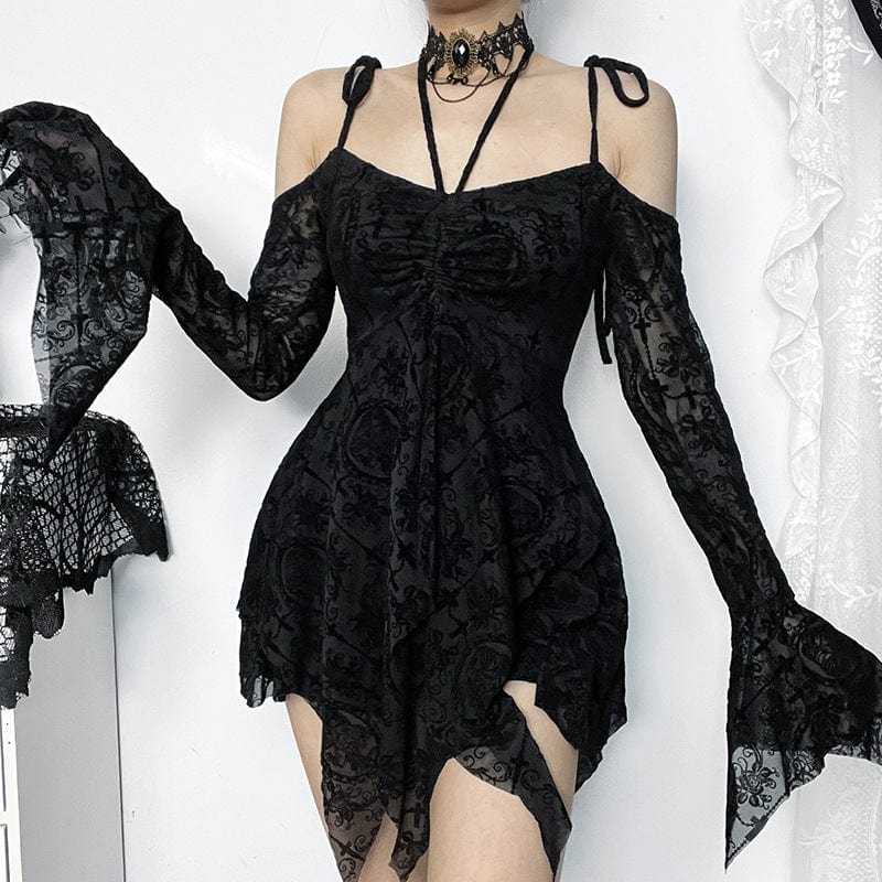 Kobine Women's Gothic Off Shoulder Irregular Mesh Dress