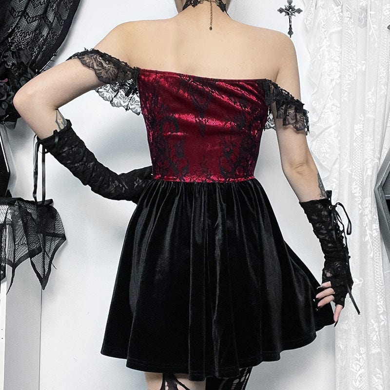 Kobine Women's Gothic Off Shoulder Lace Velvet Dress