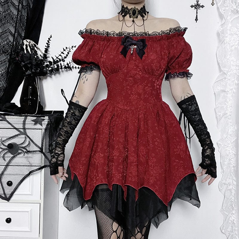 Kobine Women's Gothic Off Shoulder Puff Sleeved Multi-layer Short Dress