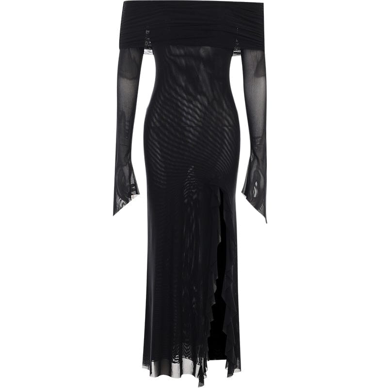 Kobine Women's Gothic Off Shoulder Ruffled Split Dress