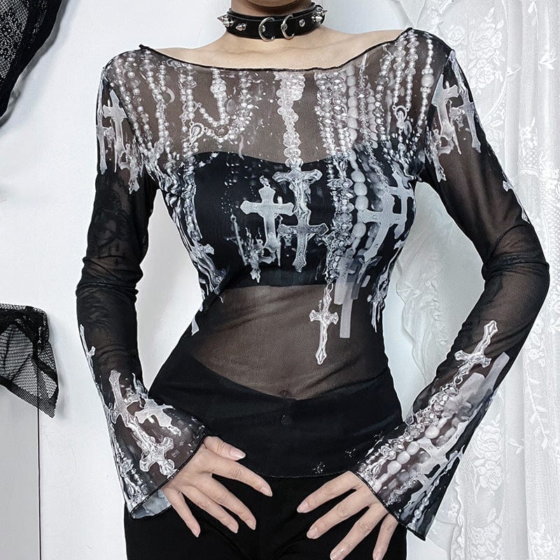 Kobine Women's Gothic Off-the-shoulder Cross Printed Mesh Shirt