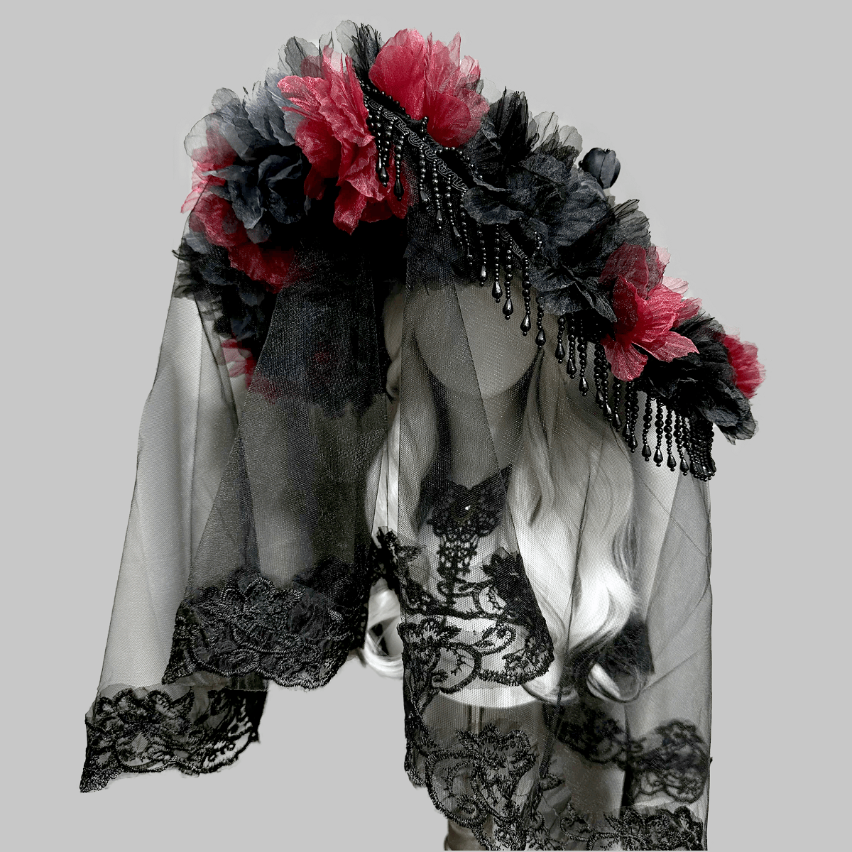 Kobine Women's Gothic Organza Floral Tassels Wide Brim Veiled Hat