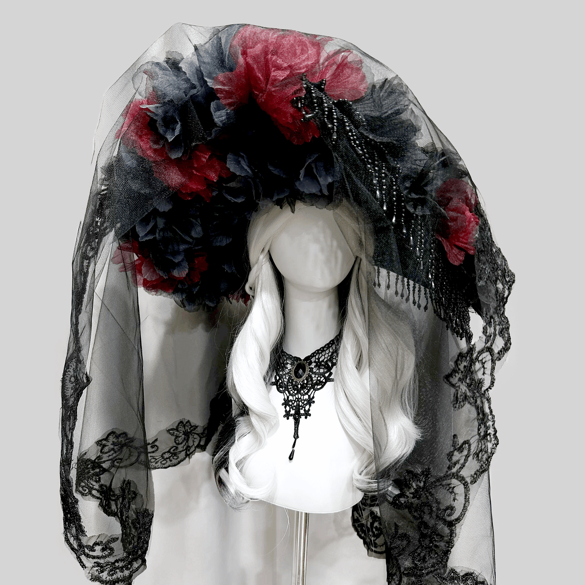 Kobine Women's Gothic Organza Floral Tassels Wide Brim Veiled Hat