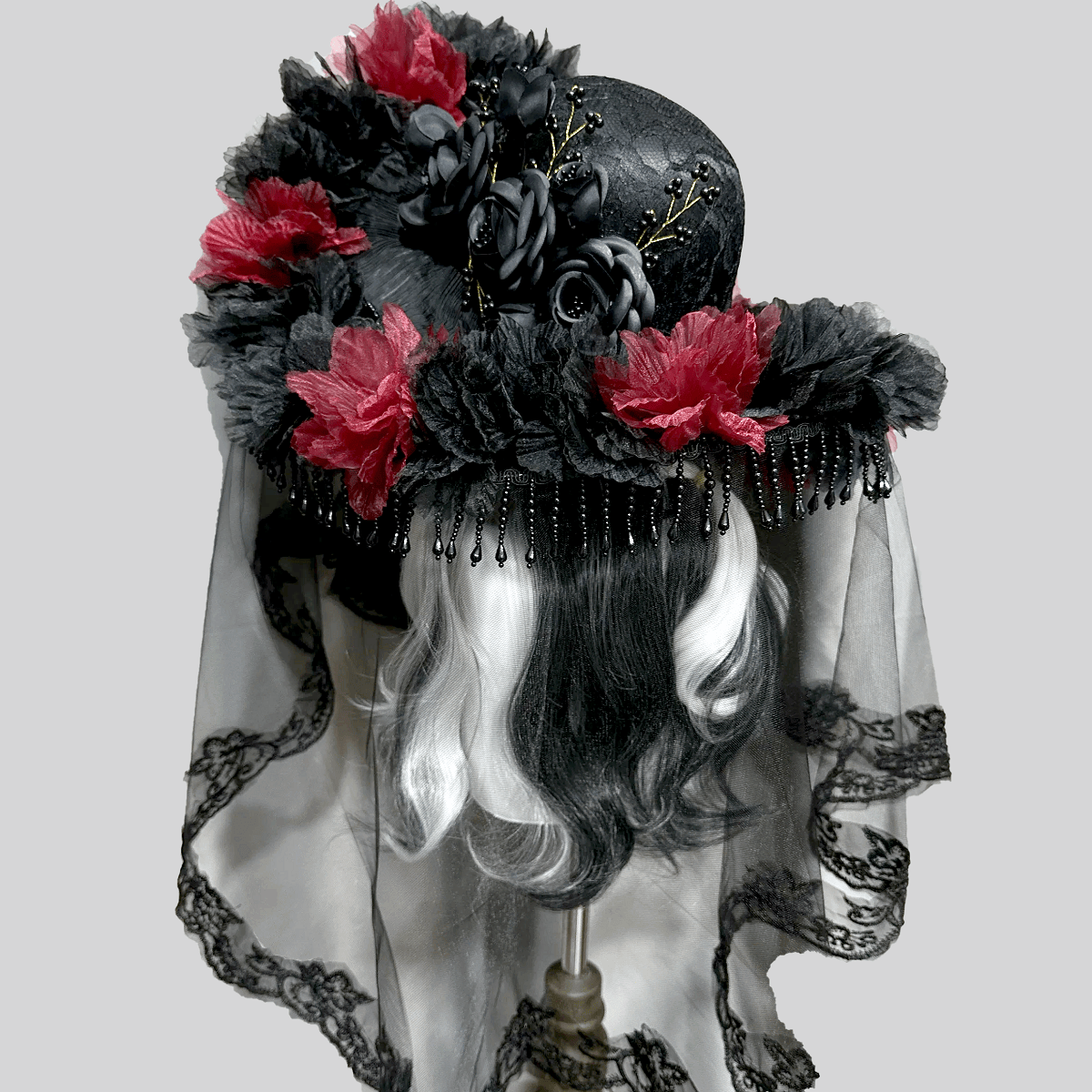 Kobine Women's Gothic Organza Floral Tassels Wide Brim Veiled Hat