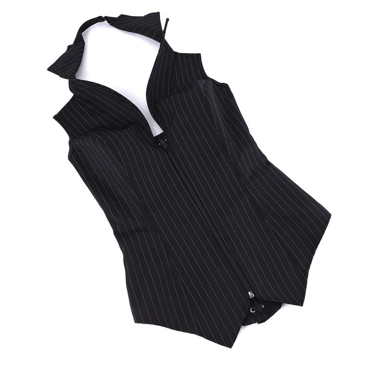 Kobine Women's Gothic Pinstripe Halterneck Zip Overbust Corset