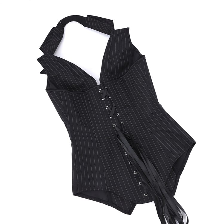 Kobine Women's Gothic Pinstripe Halterneck Zip Overbust Corset
