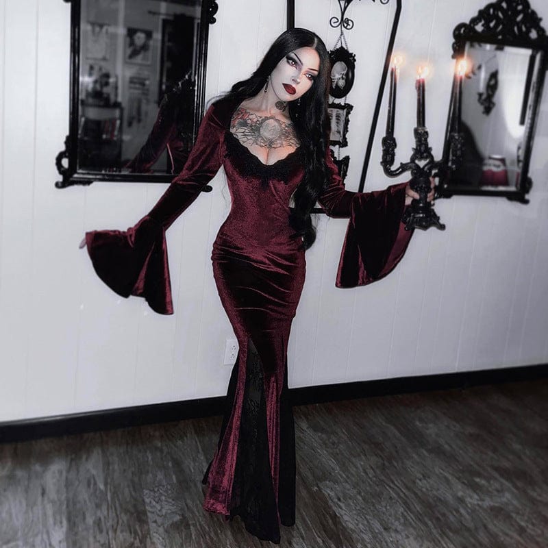 Kobine Women's Gothic Plunging Flare Sleeved Maxi Velvet Dress