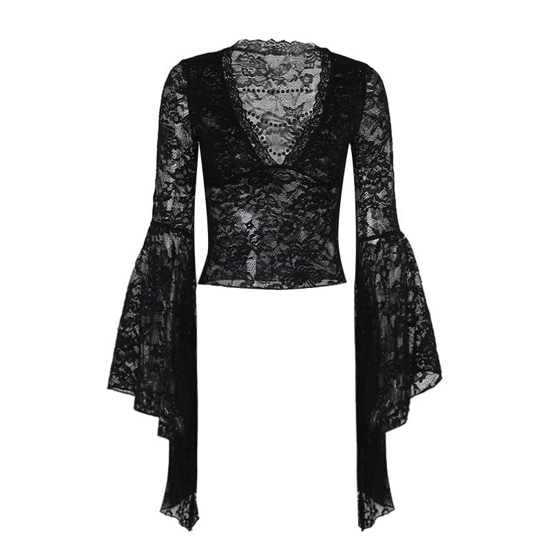 Kobine Women's Gothic Plunging Flared Sleeved Lace Shirt