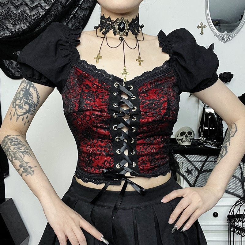 Kobine Women's Gothic Puff Sleeved Lace Splice Crop Top