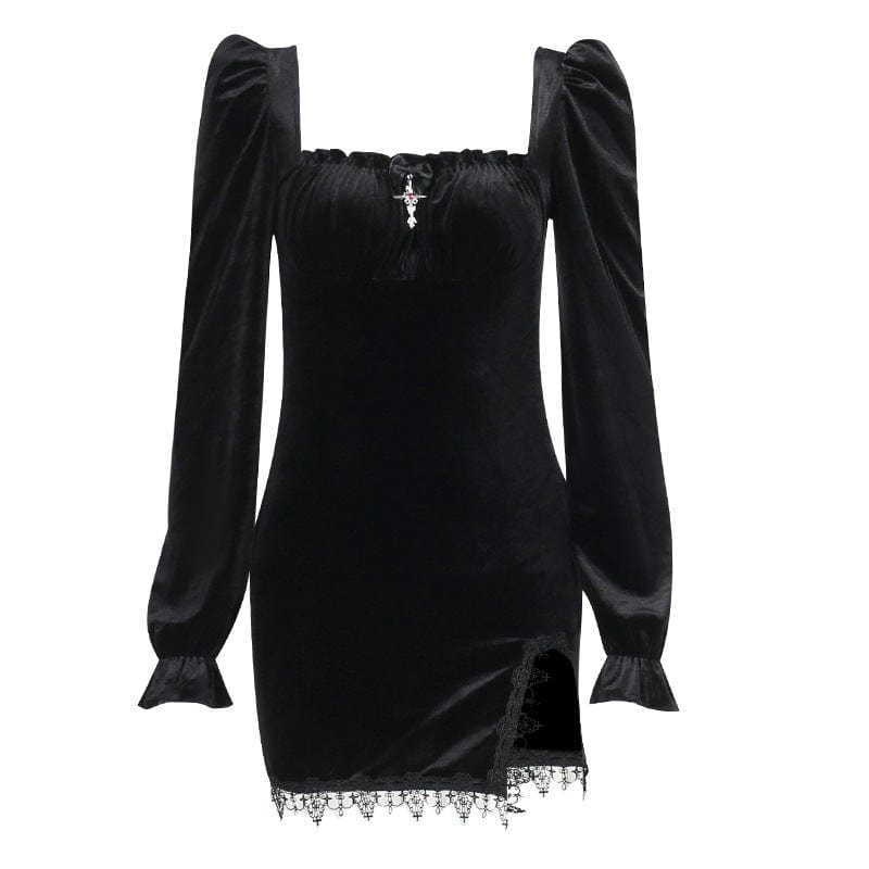 Kobine Women's Gothic Puff Sleeved Slit Velvet Short Dress
