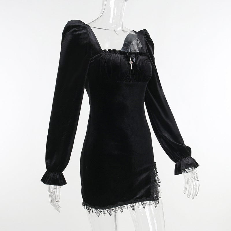 Kobine Women's Gothic Puff Sleeved Slit Velvet Short Dress