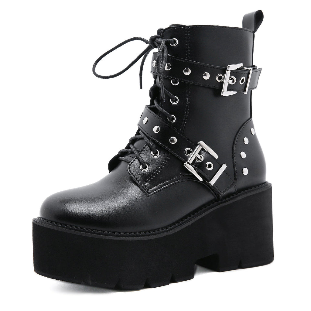 Kobine Women's Gothic Punk Seven Hooks Platform Boots