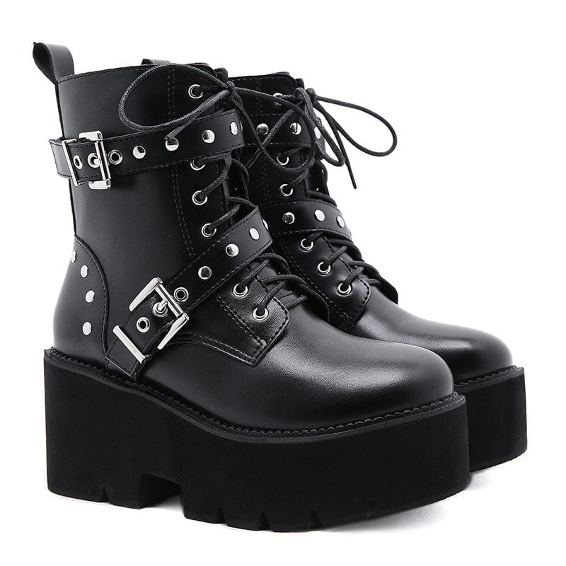 Kobine Women's Gothic Punk Seven Hooks Platform Boots