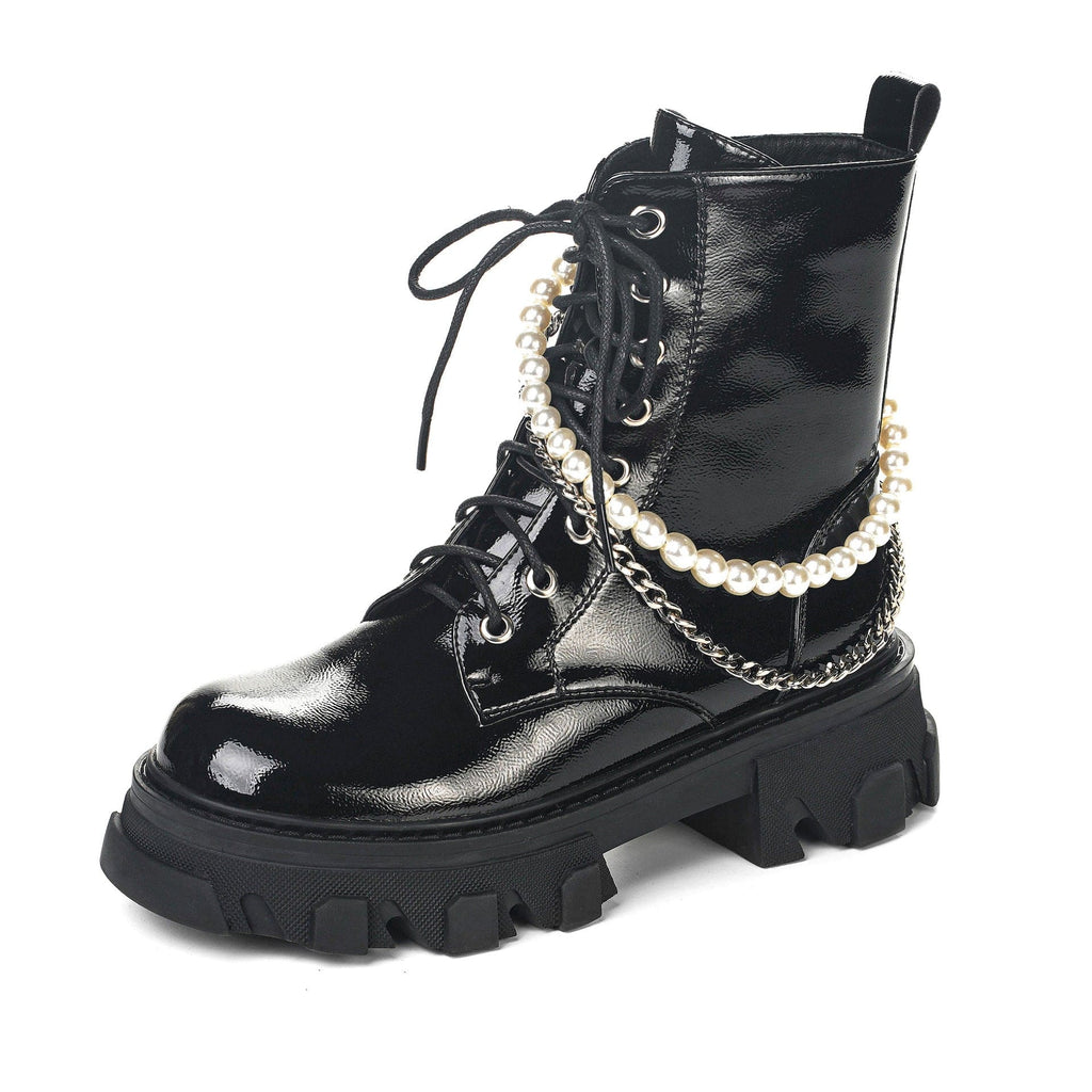 Kobine Women's Gothic Punk Square-toe Boots with Pearl Chain