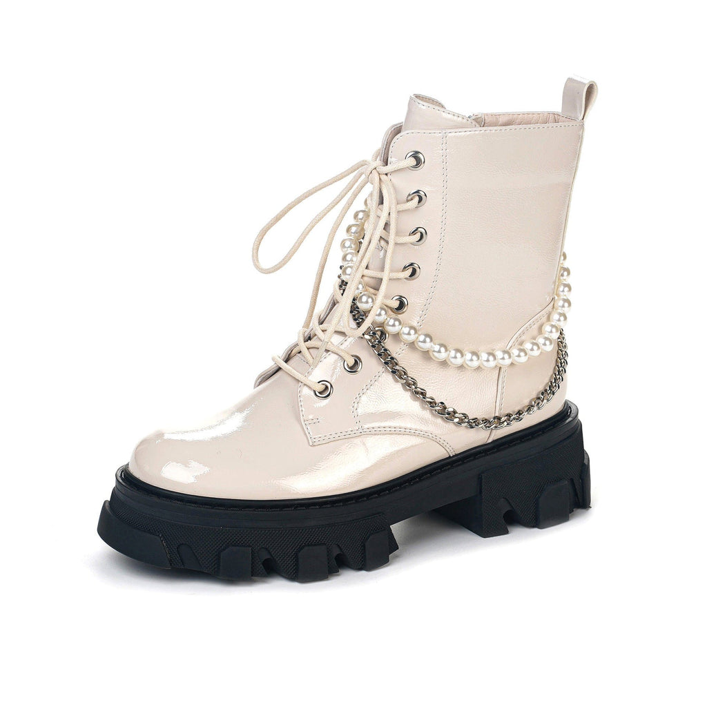 Kobine Women's Gothic Punk Square-toe Boots with Pearl Chain