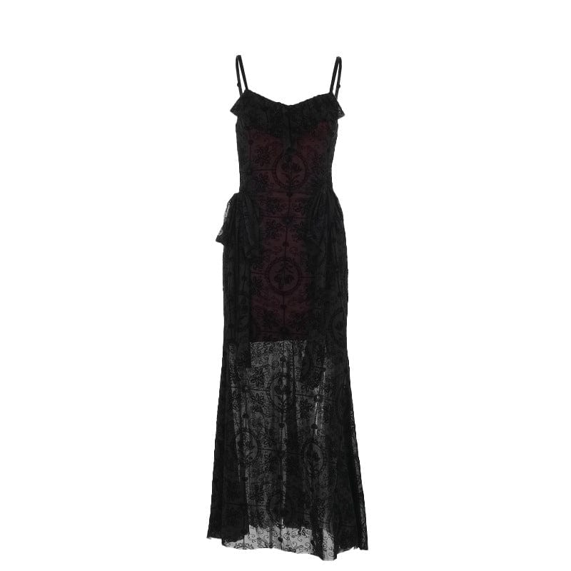 Kobine Women's Gothic Ripped Floral Mesh Slip Dress