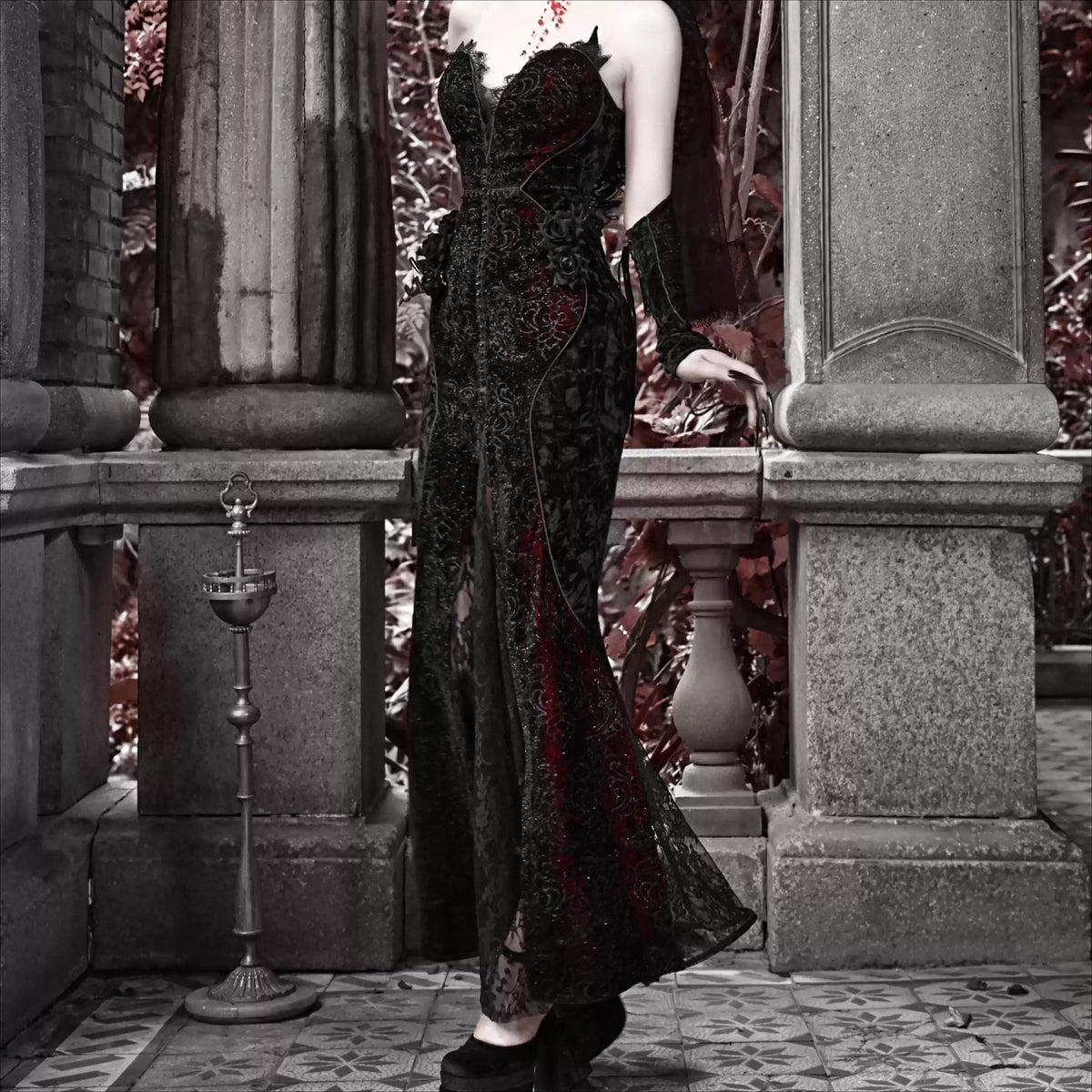 Kobine Women's Gothic Rose Beaded Cross Velvet Maxi Dress