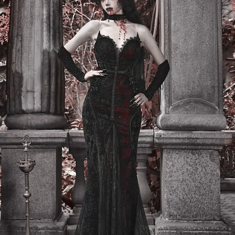Kobine Women's Gothic Rose Beaded Cross Velvet Maxi Dress