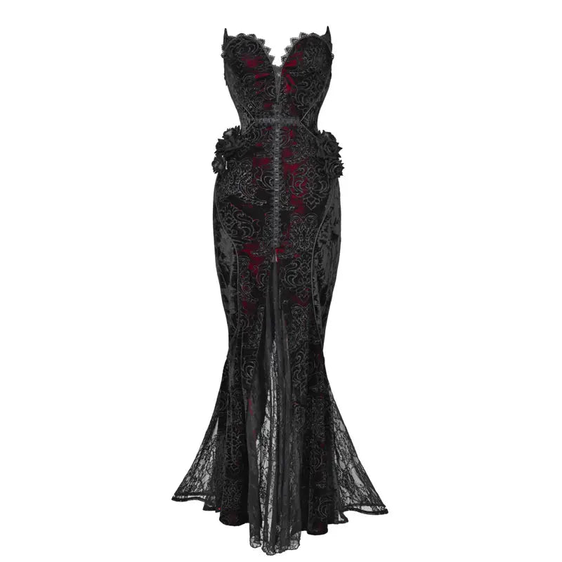 Kobine Women's Gothic Rose Beaded Cross Velvet Maxi Dress