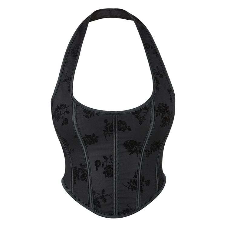 Kobine Damen Gothic Rose besticktes Neckholder-Überbrustkorsett
