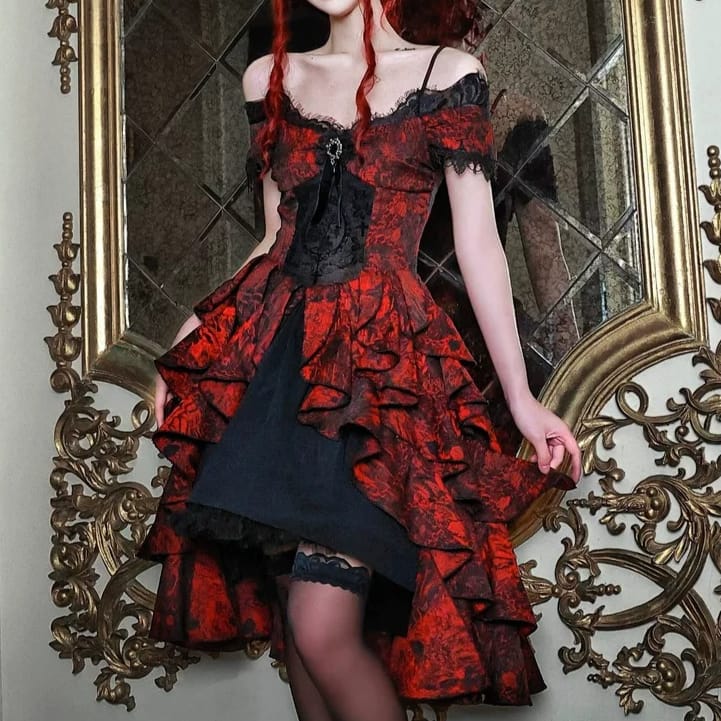 Women's Gothic Rose Jacquard High/Low Hem Off-the-shoulder Dress - Punk Design