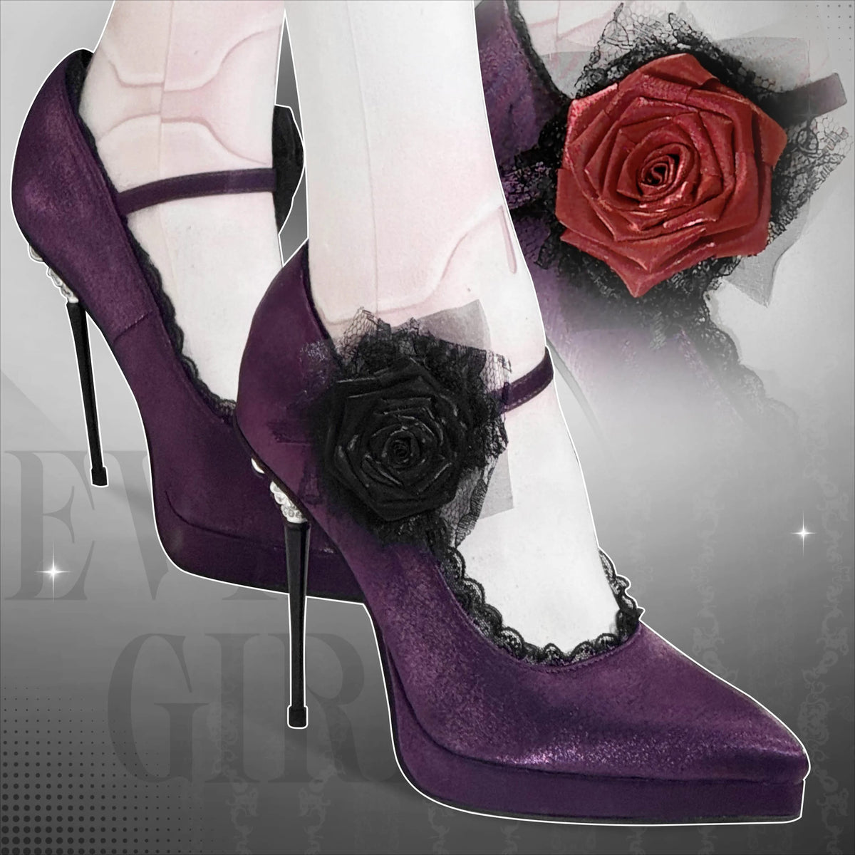 Kobine Women's Gothic Rose Lace Trim Ankle Strap Platform Stilettos