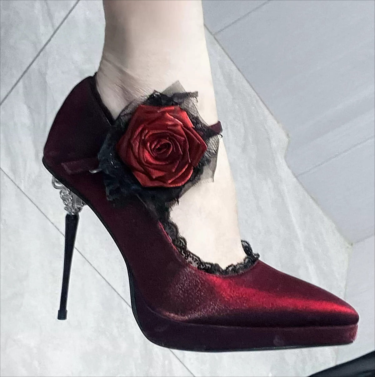 Kobine Women's Gothic Rose Lace Trim Ankle Strap Platform Stilettos