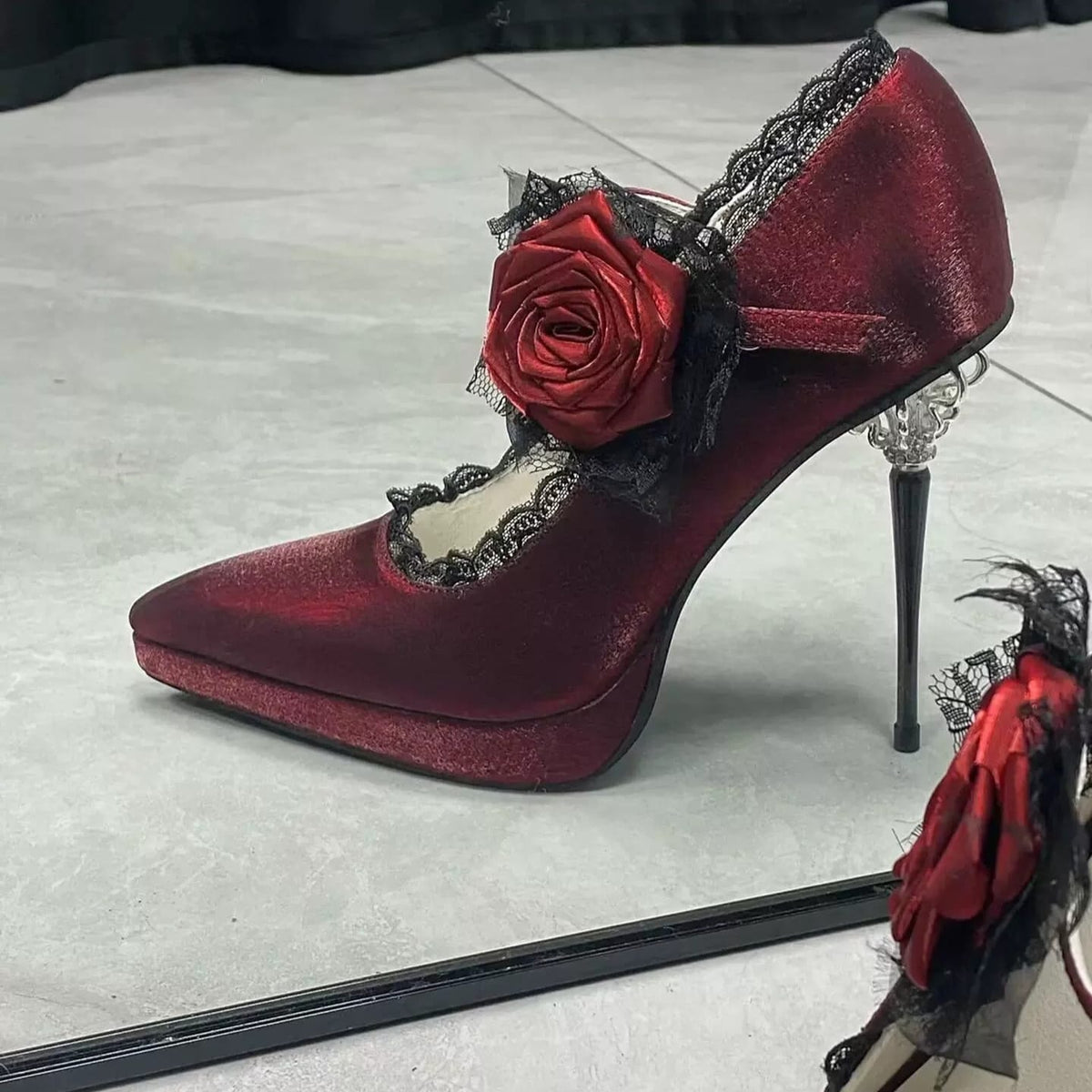 Kobine Women's Gothic Rose Lace Trim Ankle Strap Platform Stilettos