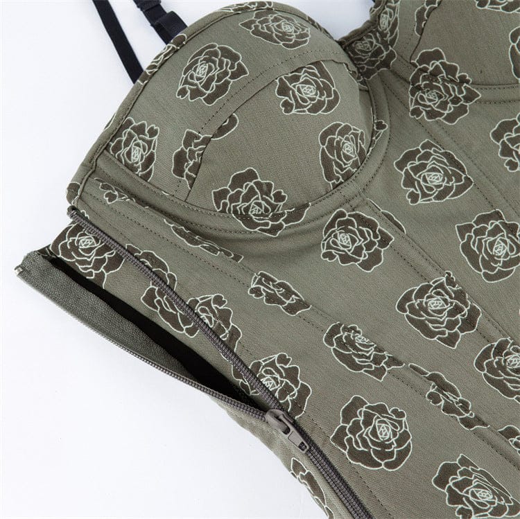 Kobine Women's Gothic Rose Printed Side Zipper Lace-up Overbust Corset