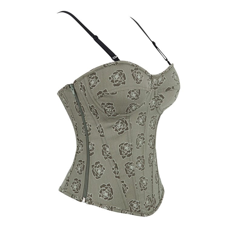 Kobine Women's Gothic Rose Printed Side Zipper Lace-up Overbust Corset