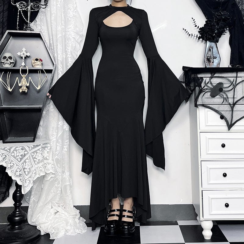 Kobine Women's Gothic Round Collar Trumpet Sleeved Maxi Dress