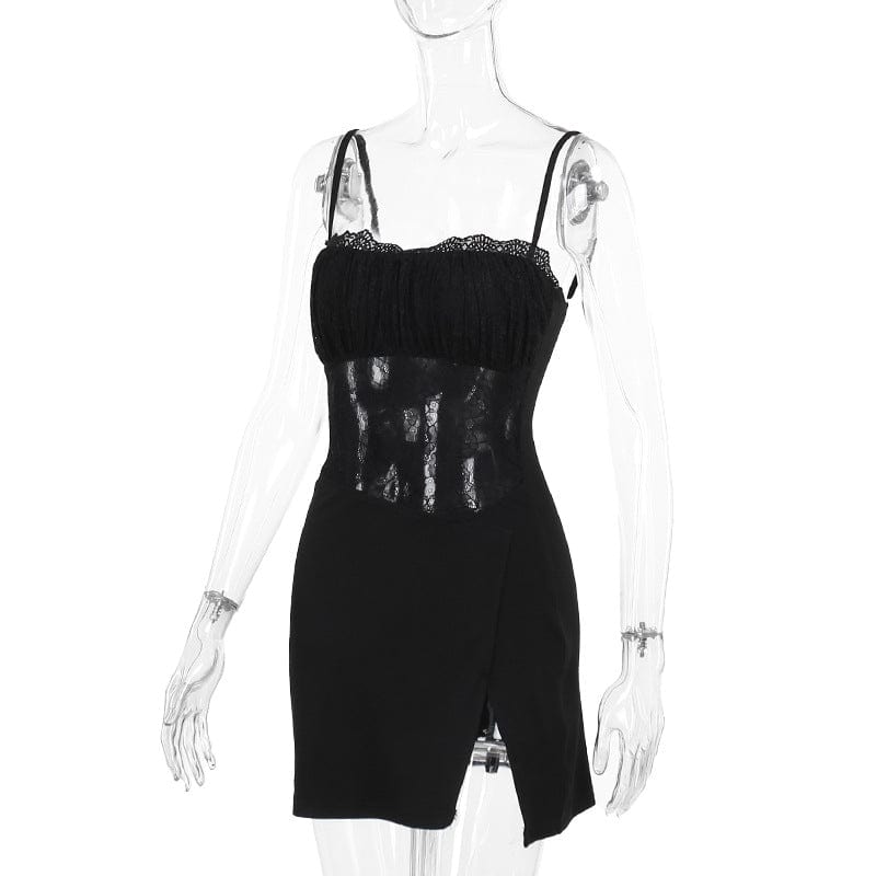 Kobine Women's Gothic Ruched Lace Splice Split Slip Dress