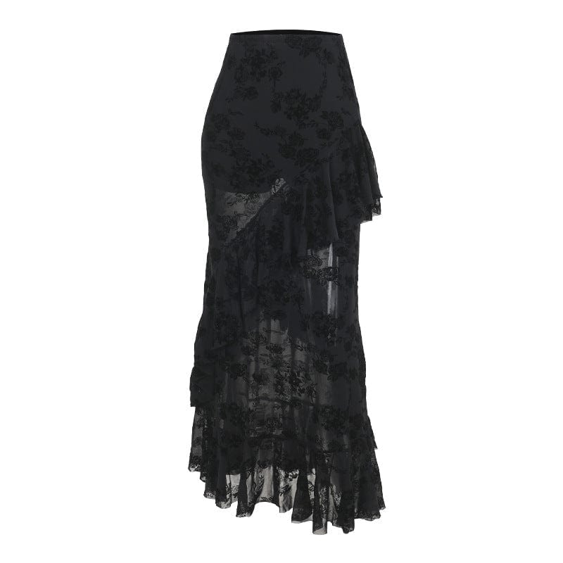 Kobine Women's Gothic Ruffled Mesh Lace Long Skirt