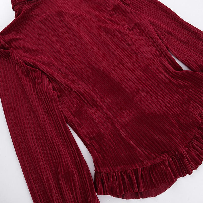 Kobine Women's Gothic Ruffled Ribbed Velvet Long Sleeved Shirt Red