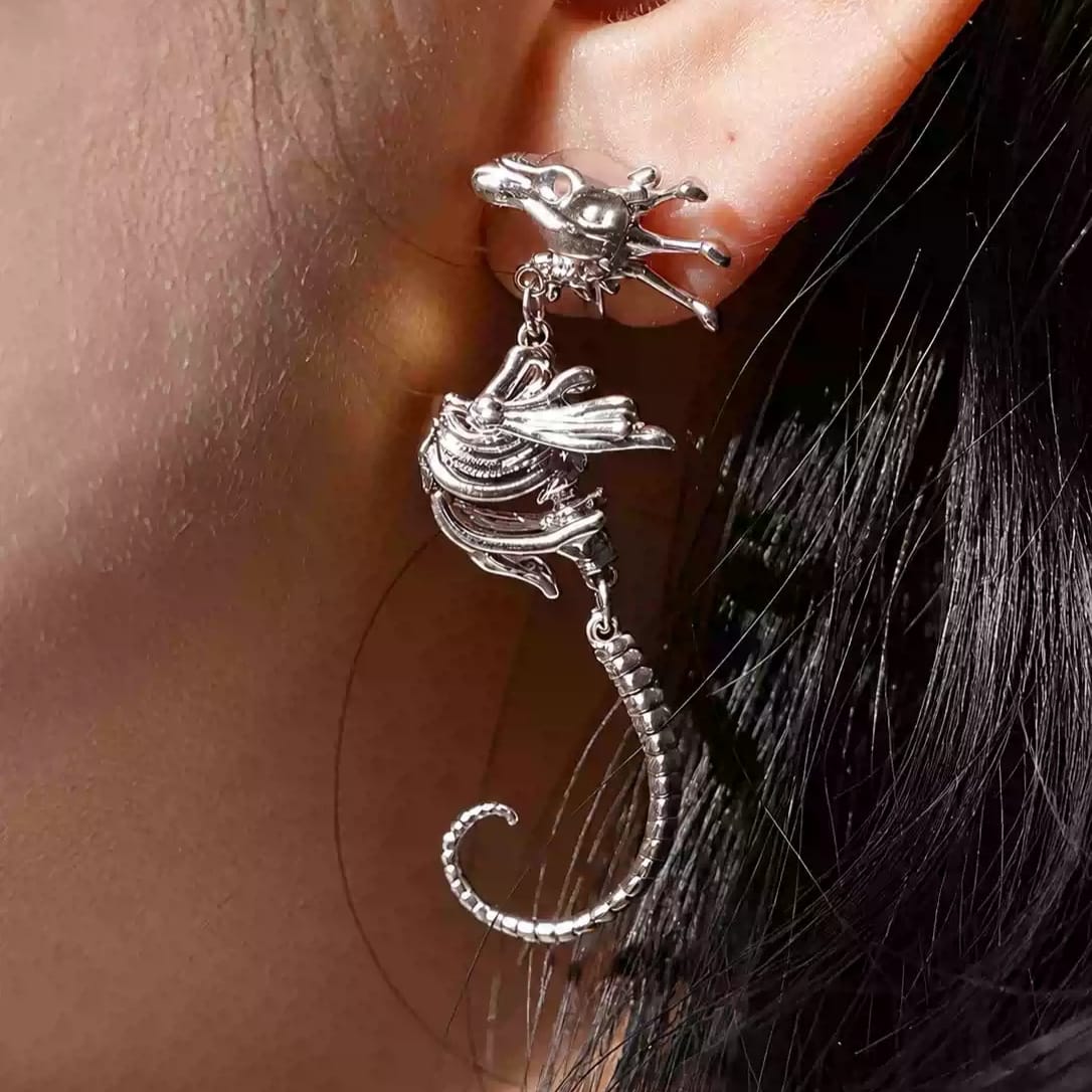 Kobine Women's Gothic Seahorse Skeleton Drop Post Earrings Silver