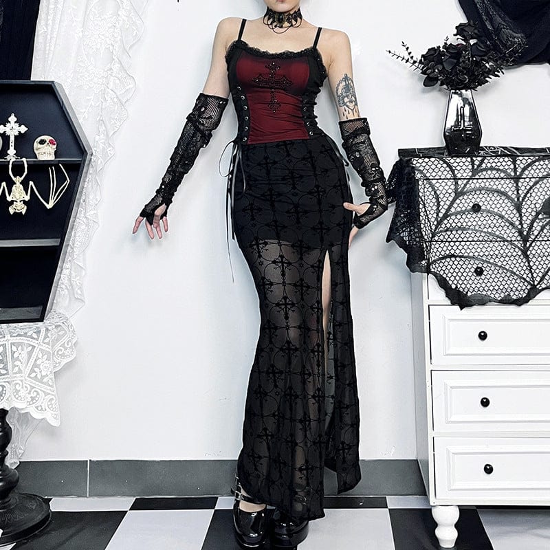 Kobine Women's Gothic Semi-sheer Split Maxi Mesh Skirt